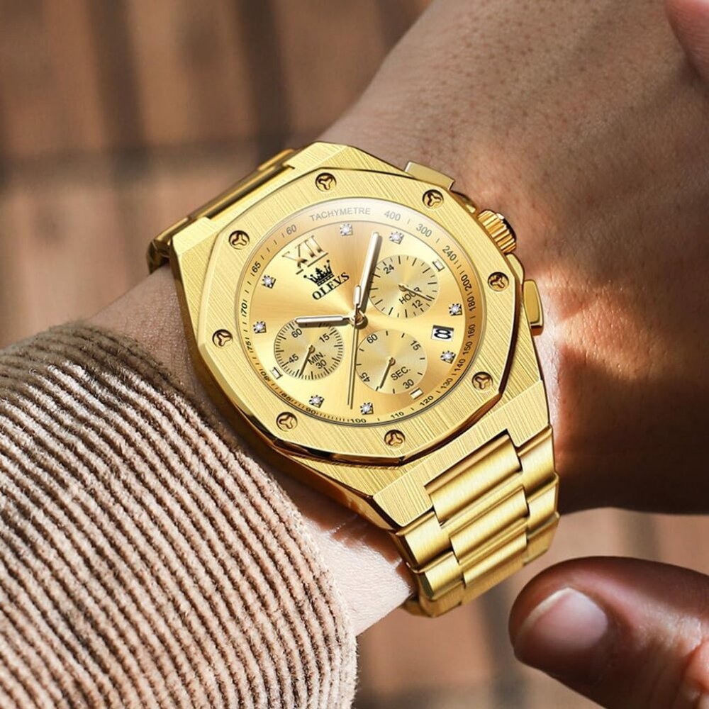 Olevs Men's Gold Stainless Steel Analog Luminous Waterproof Easy Wear Watch - Picture 2 of 5